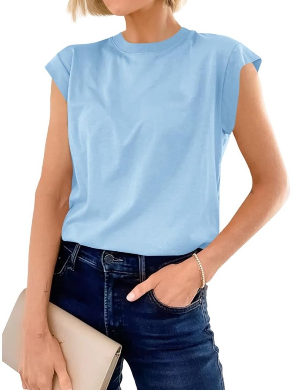 Women's Sky Blue Short Sleeve Crew Neck Basic Tee Loose Fit Cotton T Shirts